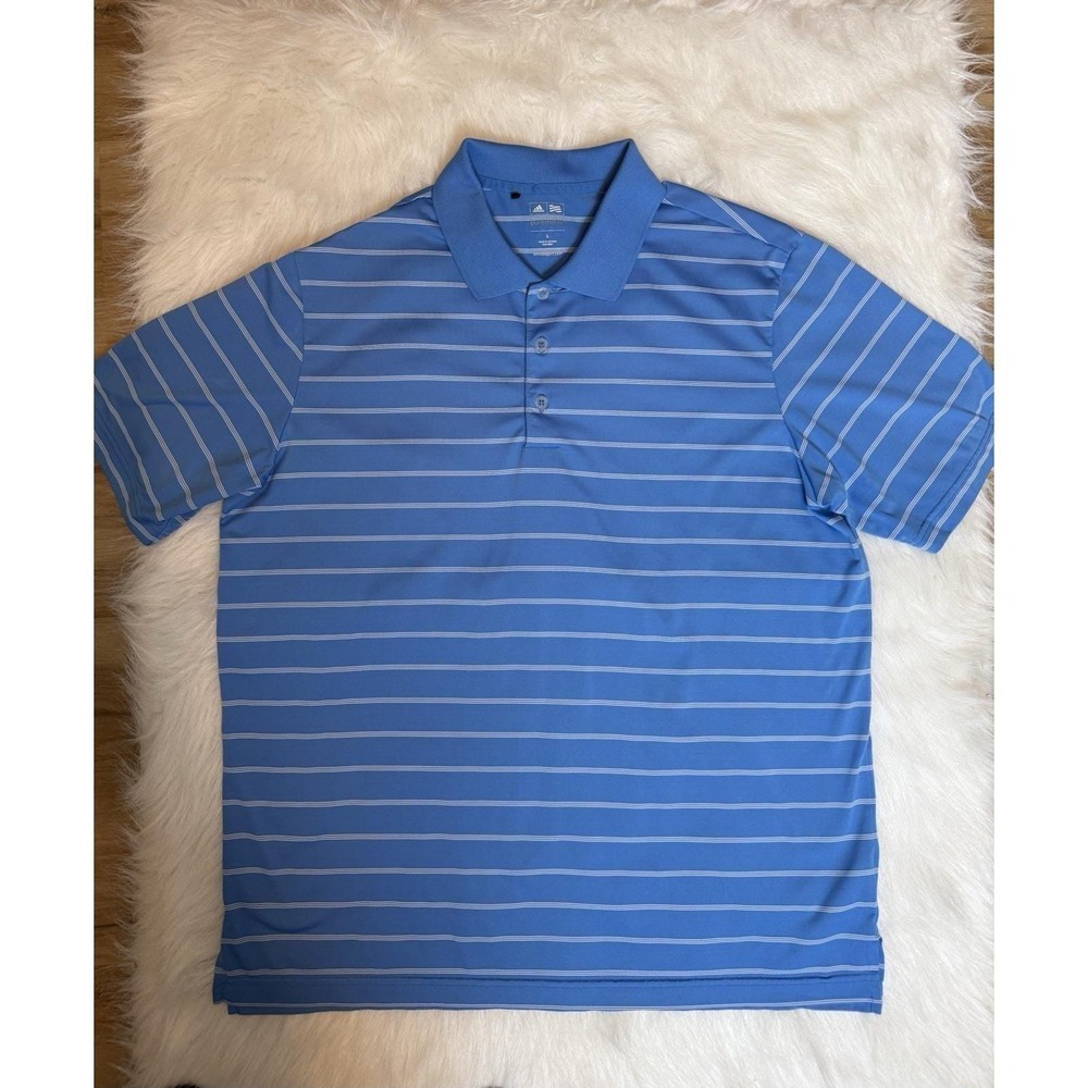 Adidas Puremotion Blue White Striped Jersey Shirt Sz L Mens Golf Polo Activewear